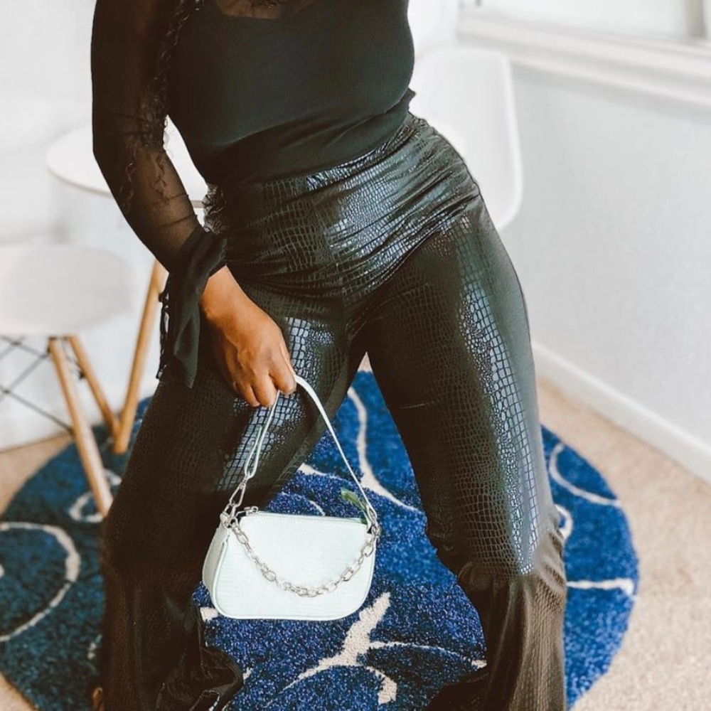 Black croc embossed wide leg pant